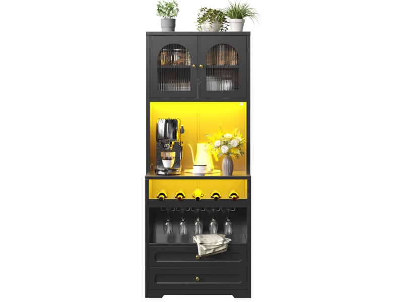  Armoire haute noire – portes en verre bombées, led via app et musique, vinothèque, étagères réglables, anti-basculement  - Conforama A