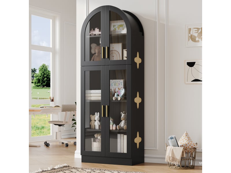  Vitrine noire avec portes en acrylique, 5 niveaux, 60 x 30 x 165 cm, mdf et décor cannage  - Conforama D