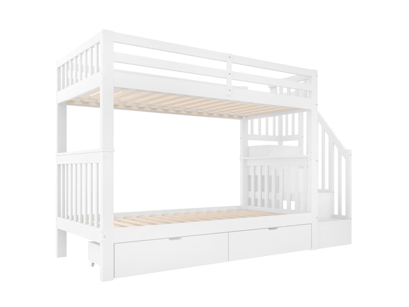  Lit superposé blanc 90x200 cm, escalier-rangement, 2 tiroirs  - Conforama E