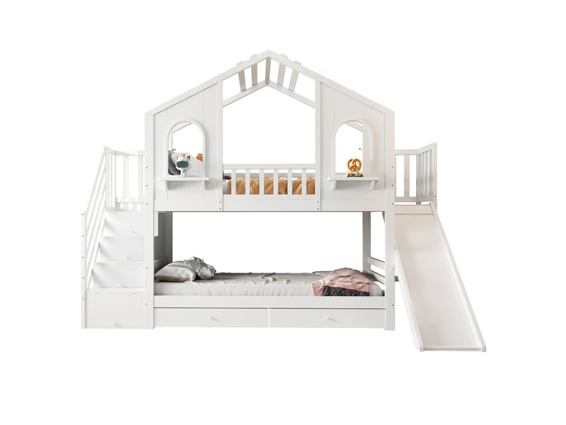  Lit superposé enfant 2x90x200 cm cabane avec toboggan rangements tiroirs, mdf, bois et blanc sans matelas  - Conforama A