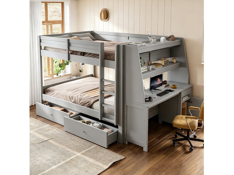  Lit superposé modenvie 140 x 200 cm avec bureau, rangements et 2 tiroirs, gris  - Conforama B