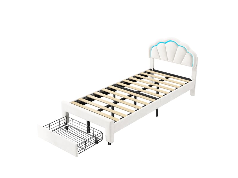  Lit simple 90x200 cm, lit enfant avec led rgb et tiroir de rangement, tête de lit coquillage réglable et sommier, velours, blanc  - Conforama A