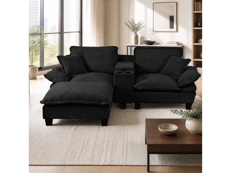 Canapé d’angle modulaire 224 x 151 x 90 cm, porte-gobelets, espaces de rangement, usb, chenille noire - Conforama B