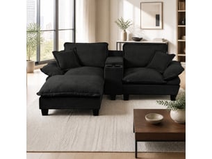 Canapé d’angle modulaire 224 x 151 x 90 cm, porte-gobelets, espaces de rangement, usb, chenille noire
