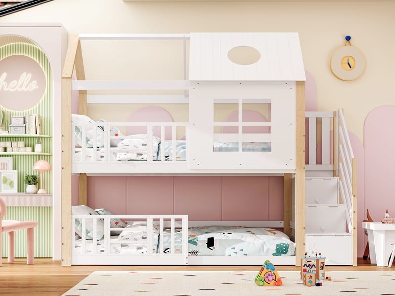  Lit superposé, 90 x 200 cm, lit cabane avec escalier de rangement, barrière de sécurité, fenêtre et toit, pin, blanc et naturel  - Conforama B