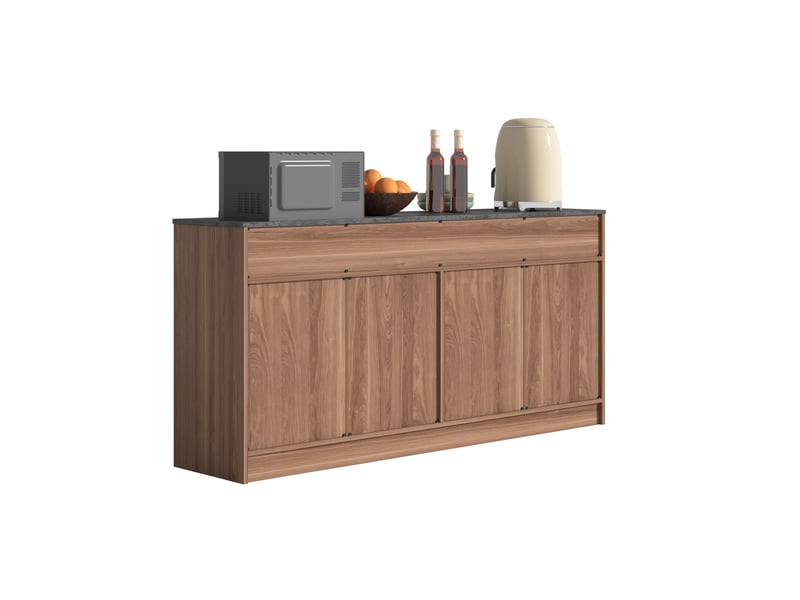  Buffet de cuisine 160 cm aspect noyer, îlot de cuisine avec 3 tiroirs et plan de travail effet béton  - Conforama D