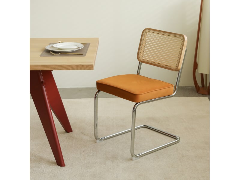  Chaises de salle à manger lot de 4 53.1×44.5×84.1cm, dossier en rotin tissé, cadre chromé, finition orange, style moderne  - Conforama B