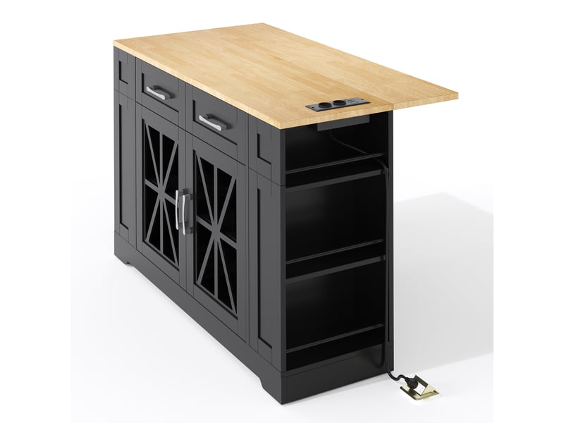  Îlot de cuisine sur roulettes 120cm avec table pliante, prises électriques et portes en verre, desserte noir et bois  - Conforama D