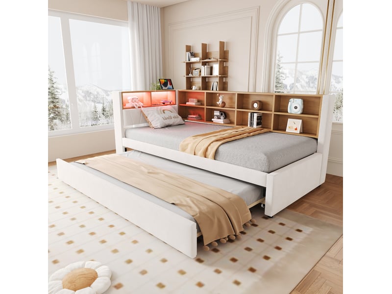  Lit gigogne 90x200 cm avec led, prises et rangements, flanelle beige  - Conforama C