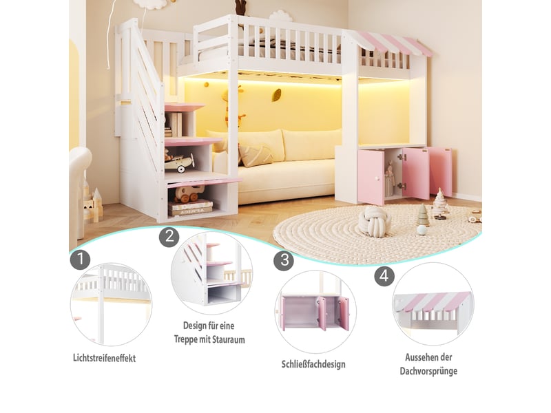 Lit mezzanine enfant simple 90×200 cm avec escalier de rangement et led - okmyhome- rose et blanc, sans matelas - Conforama E