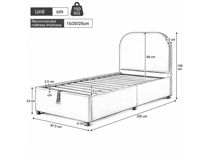  Lit coffre enfant 90 x 190 cm beige velours avec sommier à lattes tête de lit rembourrée rangement hydraulique  - Conforama C
