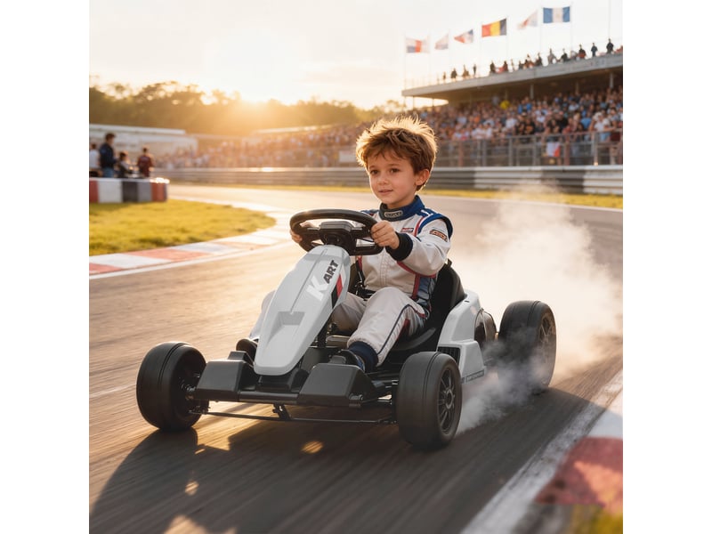 Kart électrique 24 v pour enfants, jusqu'à 18 kmh, avec fonction drift, équipé de 2 moteurs, siège réglable, blanc  - Conforama C