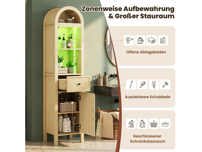 Colonne de salle de bains bois naturel, 40 × 30 × 163 cm, mdf, éclairage led, éléments en verre, fermeture douce - Conforama C
