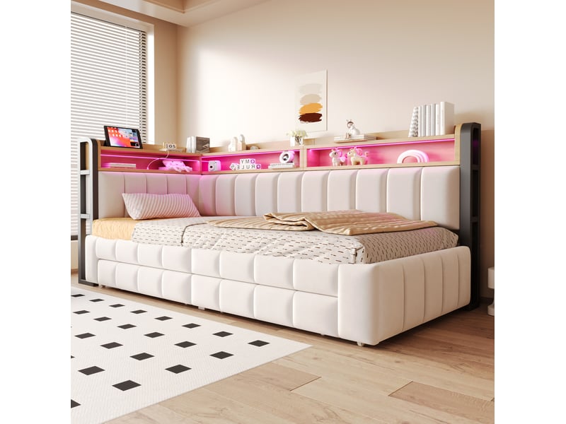  Canapé-lit, 90 x 200 cm, 180 x 200 cm avec rangements, led, matelas non inclus, mdf et bois et métal, coloris beige  - Conforama E