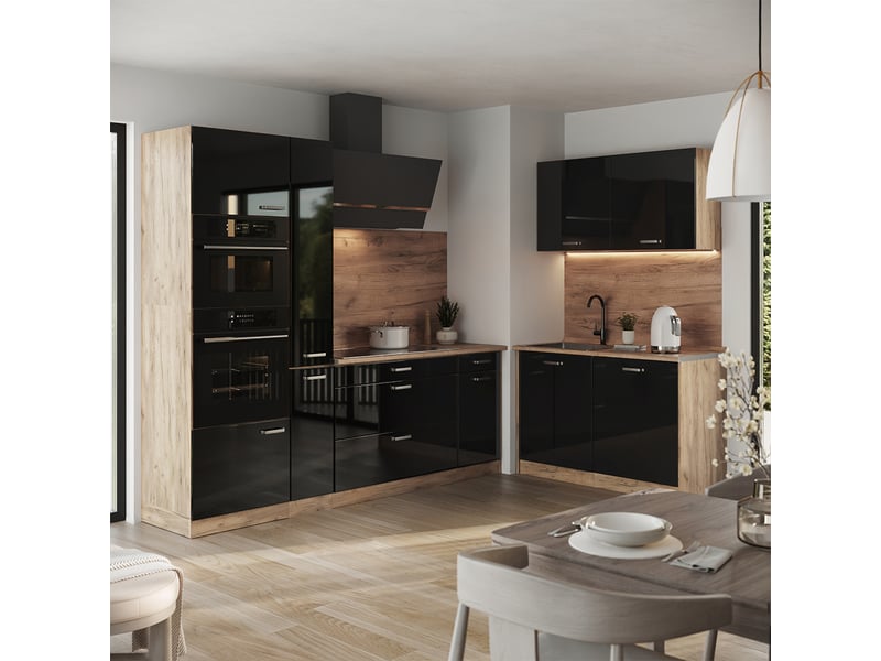  Vicco cuisine en angle, noir haute brillancechêne doré, 230 x 120 cm sans plan de travail  - Conforama C