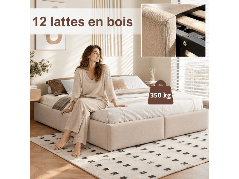  Lit coffre 160x200 sans tete de lit, cadre en lin - 12 lattes - montage rapide et facile - grand espace de rangement en dessous - capacité de charge 350 kg, lin beige  - Conforama D
