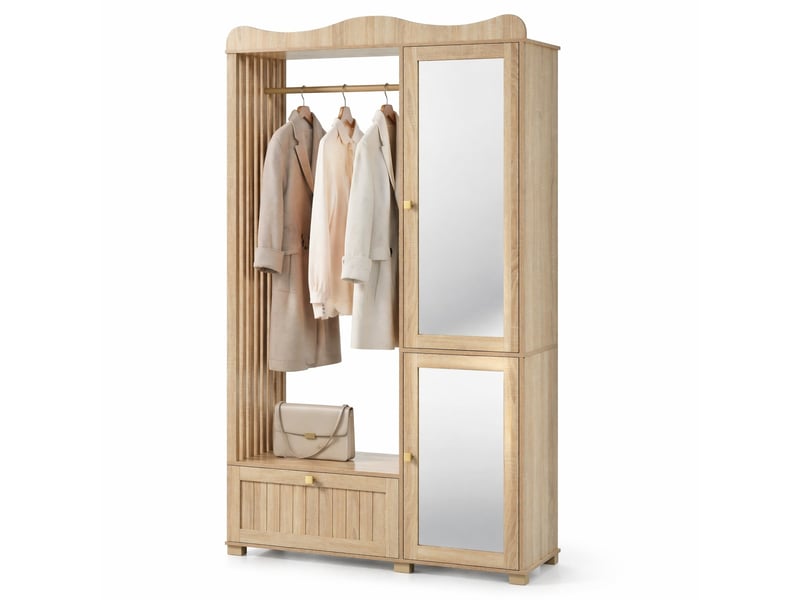 Armoire penderie 115,5x38,5x194,5 cm – bois clair – miroir intégré, rangement ouvert et tiroirs - Conforama A