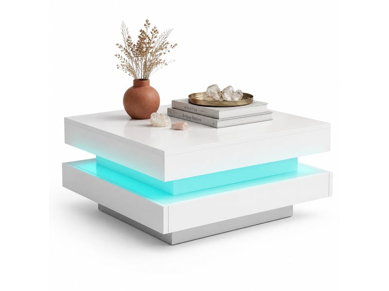  Table basse carrée 70x70x36 cm, plateau rotatif 360°, éclairage led, pour salon, panneau de particules, blanc brillant  - Conforama A