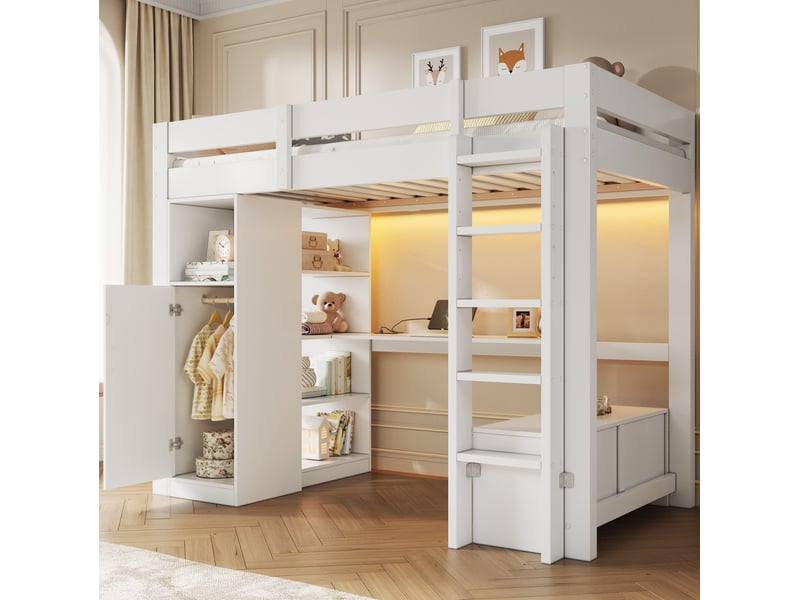 Lit mezzanine 90x200 cm avec armoire, bureau, led et prise usb blanche  - Conforama D