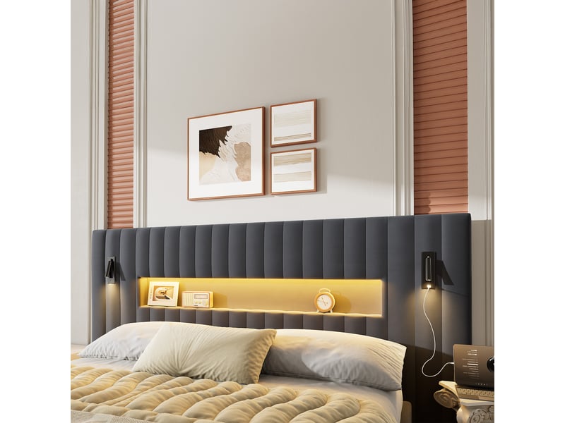  Lit 180x200 cm en velours avec rangement, led et ports usb gris foncé et gris chicfurn  - Conforama R