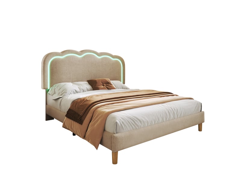  Lit double 140 x 200 cm avec tête de lit réglable, lit enfant avec led, lit 2 personnes avec cadre de lit en bois, tissu en lin  - Conforama B