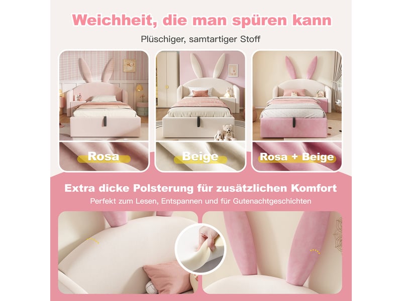  Lit enfant, 90x190 cm,avec tête oreilles de lapin,coffre et table de nuit,velours,beige et rose  - Conforama E