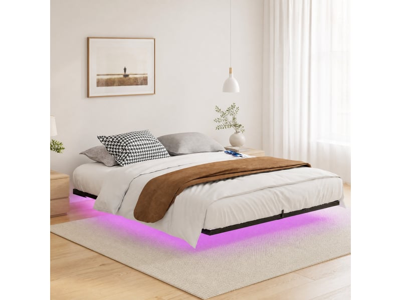Lit 160 x 200 cm à structure métallique flottante avec led et station de charge noir - Conforama C