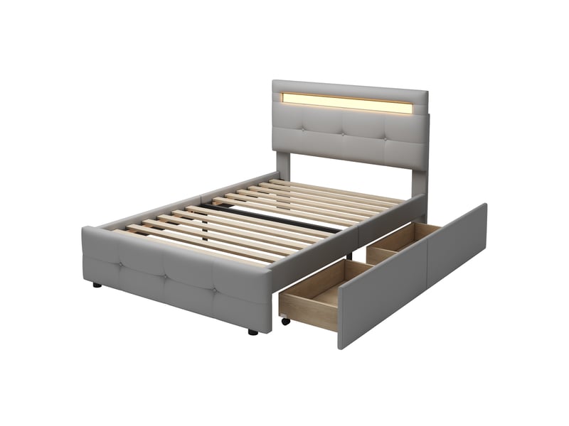  Lit jeune 90x200 cm avec led et 2 tiroirs, lin et bois, gris, sans matelas  - Conforama A