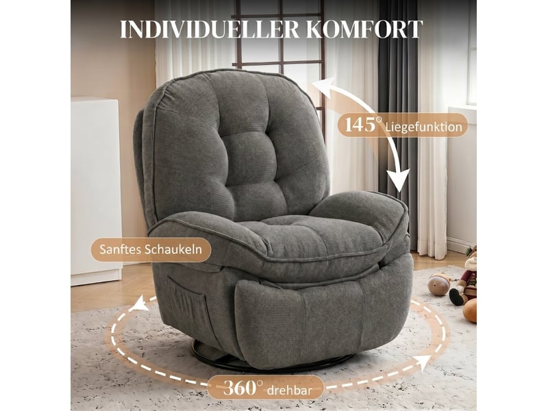  Fauteuil relax pivotant à bascule avec dossier inclinable, repose-pieds et poches en polyester gris clair  - Conforama D
