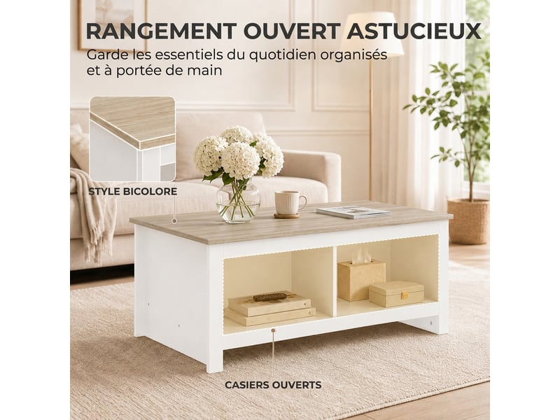  Table basse rectangulaire, table de salon moderne avec 4 compartiments ouverts, 110 x 55 x 45,5 cm, chêne et blanc  - Conforama D