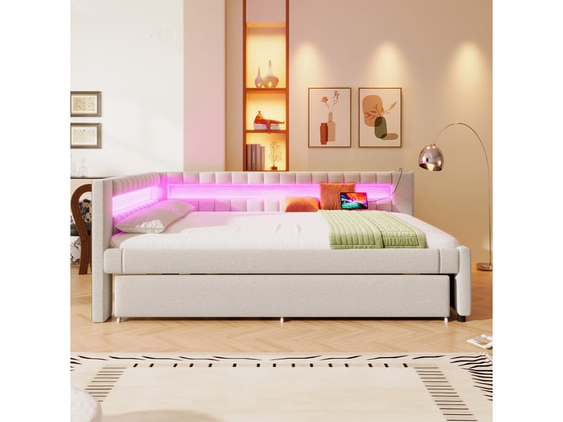  Lit banquette 140x200 canapé lit beige avec lit gigogne 90x190 led et ports usb type-c  - Conforama B