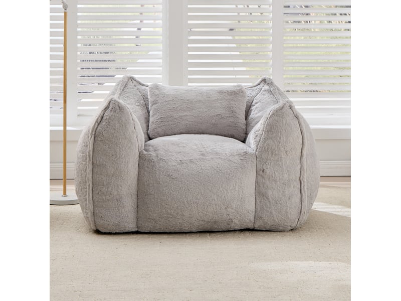  Grand sac de fèves avec coussin, fauteuil confortable large pour adultes et enfants, canapé de sol en fausse fourrure gris pour salon chambre appartement  - Conforama C