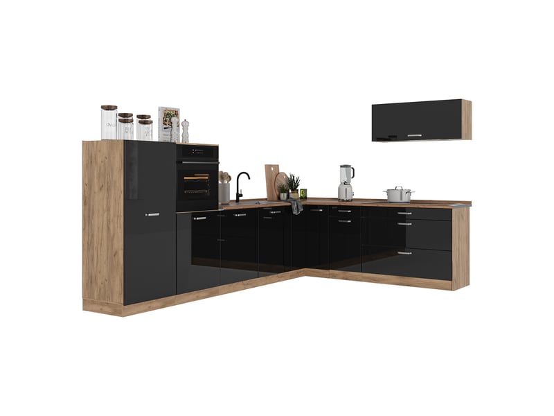Vicco cuisine en angle, noir haute brillancechêne doré, 327 x cm plan de travail chêne doré - Conforama E