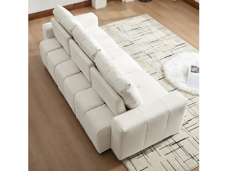  Canapé droit modulable 3 places en tissu blanc beige, dossier réglable et couchage d'appoint compact pour votre salon  - Conforama E