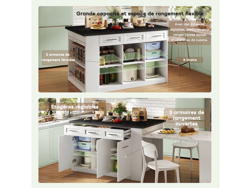 Îlot de cuisine muvano avec table escamotable, blanc et effet marbre, 150 × 90 × 90 cm - Conforama C