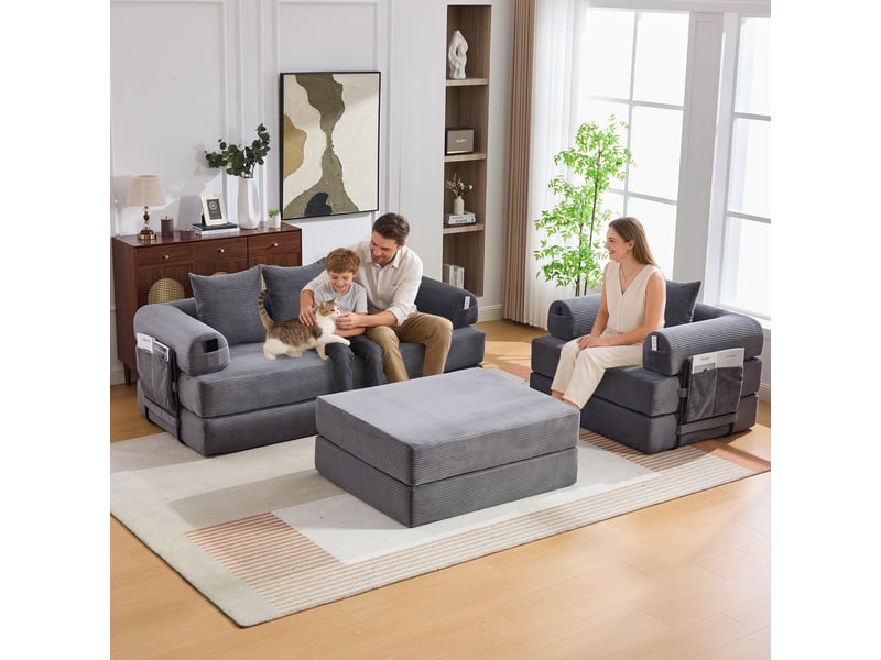Canapé modulable, canapé 4 places — mousse haute densité, en velours tricoté, avec pouf, poches latérales - Conforama A