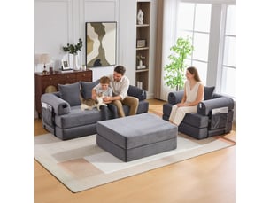 Canapé modulable, canapé 4 places — mousse haute densité, en velours tricoté, avec pouf, poches latérales