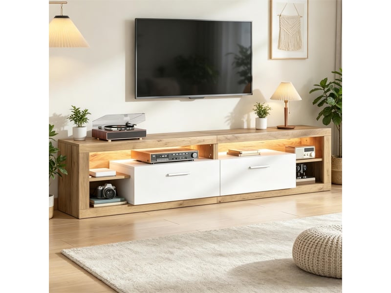  Meuble tv - 180x35,5x50cm - pour tv jusqu'à 75 - éclairage led rgb app, 2 portes abattantes &amp; niches - bois &amp; blanc  - Conforama D