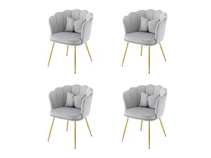 Lot de 4 fauteuils modernes en velours, dossier pétale, pieds métal doré et coussins papillon