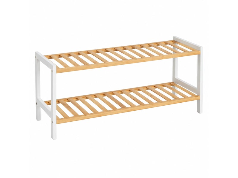  Étagère à chaussures 2 niveaux en bambou naturel &amp; blanc, capacité 6 paires - longueur 69 x profondeur 24 x hauteur 31 cm  - Conforama A