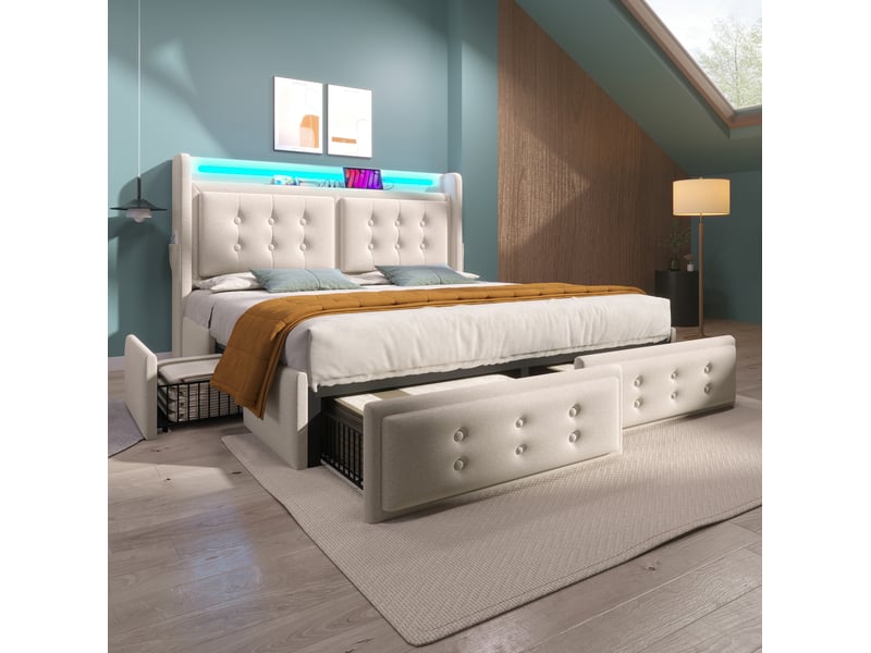  Lit double 160 x 200 cm beige avec led, ports de charge, 4 tiroirs et matelas  - Conforama D