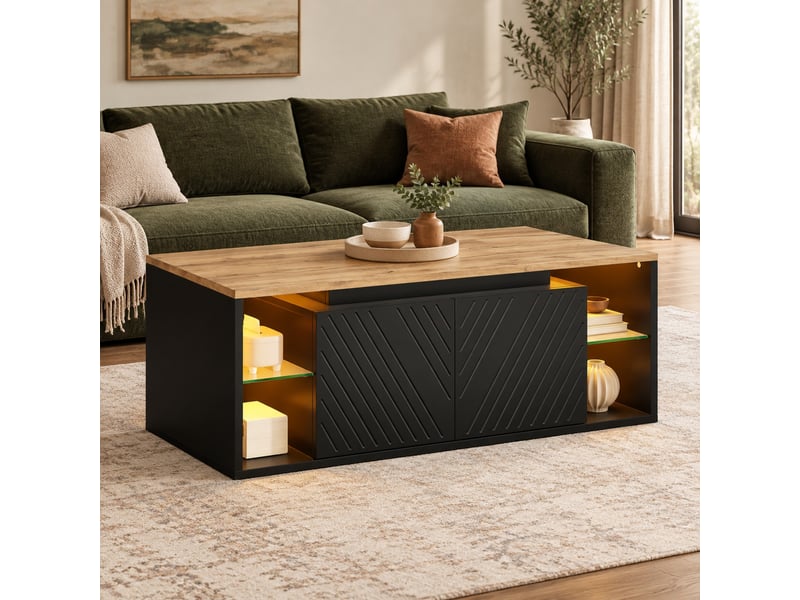  Table basse noire et décor bois 100 x 50 x 41 cm avec led, rangements semi-ouverts et 2 portes  - Conforama D