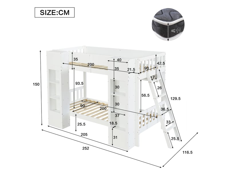  Lit superposé enfant 2x90x200 cm, avec matelas non inclus, 2 placards, échelle réversible, garde-corps, bois et mdf, blanc  - Conforama C
