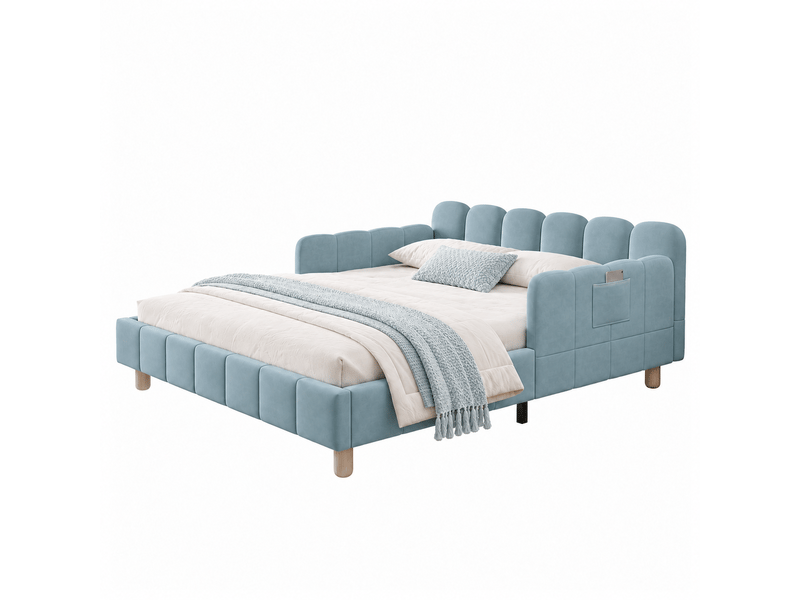  Lit enfant rembourré 140x200 cm avec barrières modulables et poches, cadre de lit en velours, sommier inclus, pieds en hévéa massif, bleu OPULERANE TRADING LTD - Conforama A