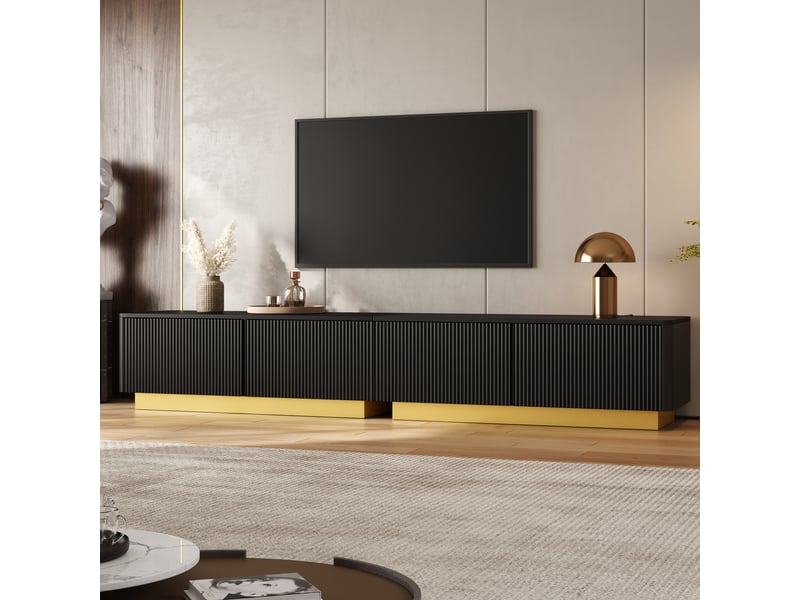  Meuble tv noir 200 cm à façade nervurée élégante, banc tv long 200cm avec tiroirs, portes et passe-câbles pour salon moderne.  - Conforama B