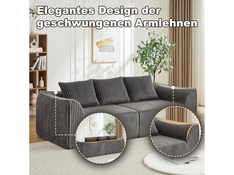 Canapé 235 cm velours côtelé beige, design lignes courbes dossier incliné avec 2 coussins minimaliste  - Conforama D