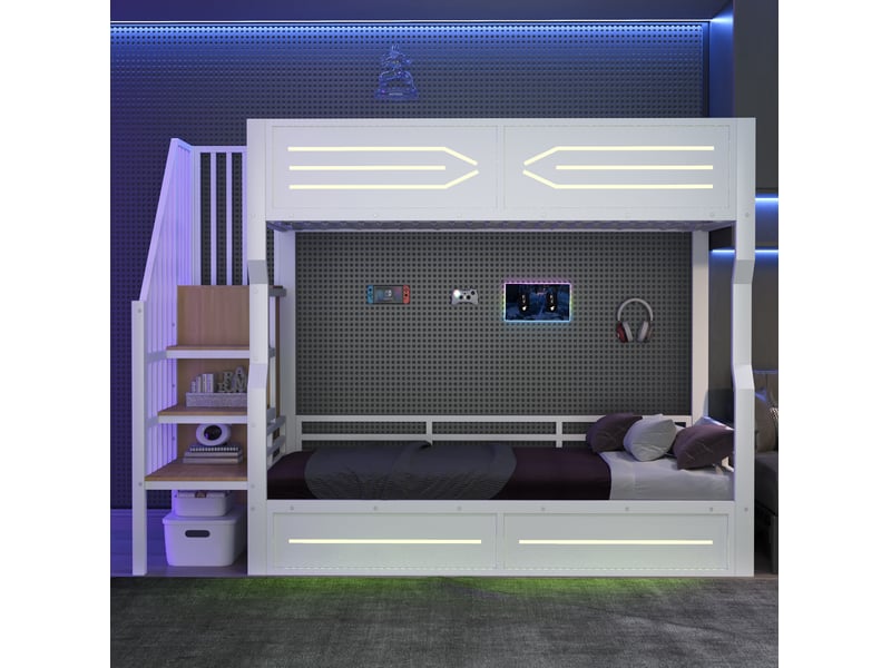  Lit mezzanine 90x200 cm avec rangement, escalier, lit enfant avec led et garde-corps haut, métal+mdf, blanc sans matelas  - Conforama B