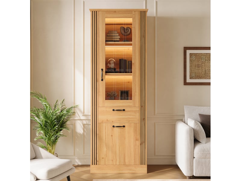  Buffet 62x41x180 cm avec porte, éclairage led piloté par application, tiroir, panneau de particules, coloris naturel  - Conforama B
