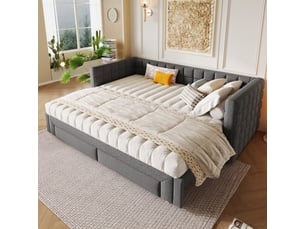 Lit gigogne 90x200 cm, canapé-lit à dossier carré, extensible en lit queen size 180 cm, 2 tiroirs, sans matelas, gris