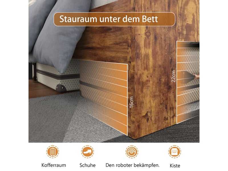  Lit 140x200 cm avec sommier à lattes, cadre de lit adult avec tête de lit haute, lit adulte, marron, lit 2 personnes  - Conforama E